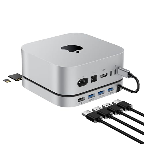 Stouchi Mac mini M4 Dock für Mac mini M 4/M 4 Pro (2024), M4 Hub mit Aluminium 3× USB 3.0 (5 Gbit/s), 1× USB 2.0, Micro/SD & TF Kartenleser (104 MB/s), Erweiterungs Dock für M ac Mi NI-Silber
