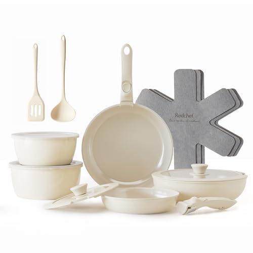 Redchef Topfsets Pfannenset 16-Teilig Antihaft-Keramik-Kochgeschirr-Set mit Abnehmbaren Griffen, Pfanne 20/26cm, Tiefe Bratpfanne 26cm, Topf 18/20cm, Stapelbar Topfset Für alle Herdarten, Ofenfest