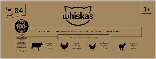 WHISKAS Adult 1+ Katzenfutter nass - ab 1 Jahr - 84x85g Portionsbeutel - Klassische Auswahl in Sauce - Katzen Nassfutter - Großpackung