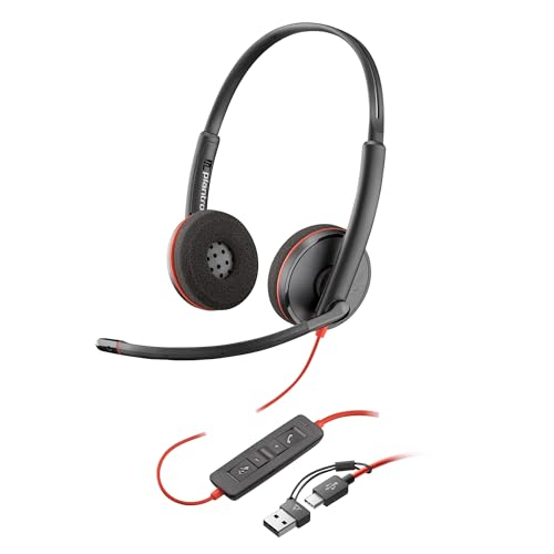 Poly Blackwire 3220 schnurgebundenes USB-C-Headset, Noise Cancelling-Mikrofon, Stereo-Design, Verbindung mit PC/Mac über USB-C oder USB-A, Kompatibel mit Teams/Zoom, SoundGuard-Technologie
