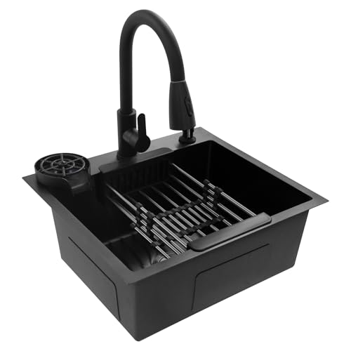 DIFU 50 x 45 cm Spülbecken Schwarz Spüle Einbauspüle mit ausziehbarer Armatur, Waschbecken Küche mit Seifenspender und Abtropfkorb, Edelstahl Küchenspüle, Kitchen Sink