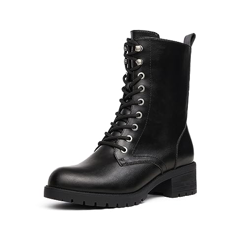 DREAM PAIRS Damenstiefel Mid-Calf Schnürstiefel Kampfstiefel Herbst Winter Schuhe damen Bequemer Reißverschluss women fashion combat boots DMB214-E SCHWARZ 41(EUR)