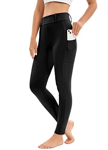 Havideto Reitleggings Damen Vollbesatz mit Handytasche, High Waist Reithose Damen Mädchen Stretch mit Gürtelschlaufen Schwarz S