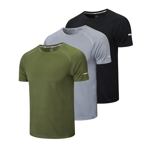 Gaiatiger 3er Pack Sport Tshirts Herren Funktionsshirt Sportshirt Männer Schnelltrocknend Trainingsshirt Fitness Laufshirt Kurzarm Herren Atmungsaktive T-Shirt(520) Black Gray Green-L