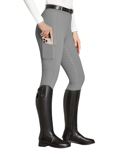 FitsT4 Sports Reitleggings Damen Reithose Mädchen Silikon vollbesatz mit Handytasche und Gürtelschlaufen für Reitsport Pferdetraining,Grau,S