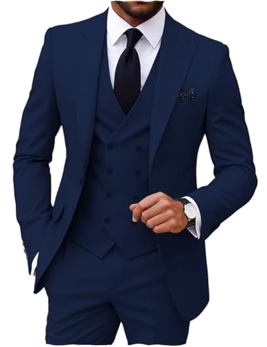 MoranX Herren-Anzüge, normale Passform, 3-teilig, zweireihig, formell, Business, Smoking, Blazer, Weste, Hose für Hochzeit, Bräutigam, Marineblau, 3XL