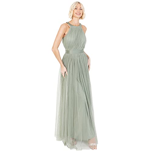 Anaya with Love Damen Ladies Maxi Dress for Women Halter Neck Long Sleeveless Belt A Line Evening Gown Ball Prom Wedding Guest Bridesmaid Kleid, Forest Green, 38 EU