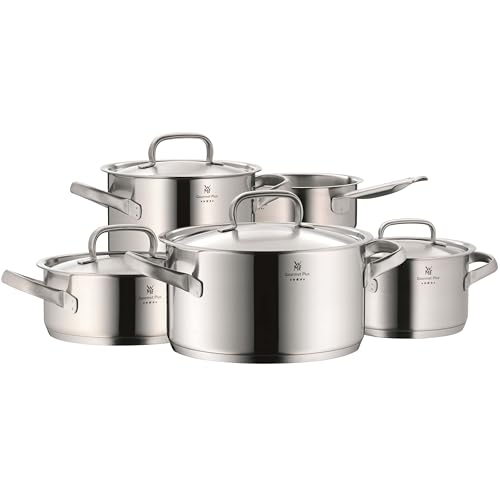 WMF Gourmet Plus Topfset Induktion 5-teilig, Kochtopf Set mit Metalldeckel, Cromargan Edelstahl mattiert, Induktions Töpfe Set unbeschichtet, Innenskalierung