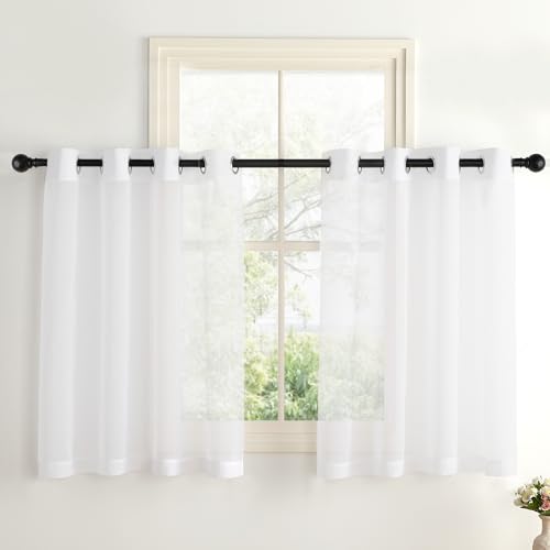 PONY DANCE Scheibengardinen 90 cm Hoch Stores Gardinen Weiss Transparent Vorhänge Weiß Durchsichtig Voile Gardine mit Ösen H 90 X B 140 cm Sheer Curtains Kurzgardine Bistrogardine 2er Set