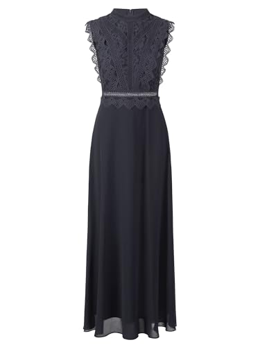 APART Fashion Damen ärmelloses Spitzenabendkleid, hochgeschlossene Maxikleid, transparenter Rücken, gewellter Taillendetail, ausgestellter Chiffonrock, Elegantes formelles Partykleid