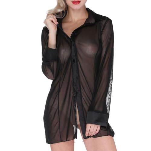 FUIPVGI Sexy Unterwäsche, Dessous Damen Sexy durchscheinendes Hemd Schlafanzug durchsichtig, Negligee Damen Nachtwäsche Babydoll Dessous, Nachthemd Schlafzimmer, Sexy Set Transparent (Schwarz)