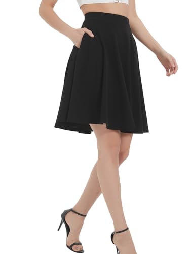 Soudittur Plisseerock Damen Basic Solid Midi-Rock Elegant Faltenrock Elastisch Hohe Taille Plisseerock Knielang Skater Rock mit Reißverschlusstasche (M, Schwarz-midi)
