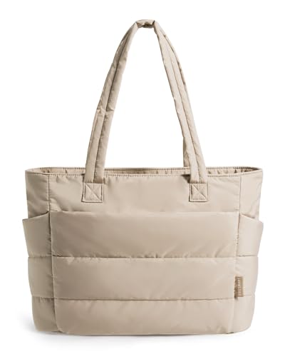 bagsmart Handtasche Damen Puffy Tote Bag Shopper Tasche, 20L Einkaufstasche Laptoptasche Schultertasche, Leichte Umhängetasche für Arbeit Reise Shopping Schule, Kamel