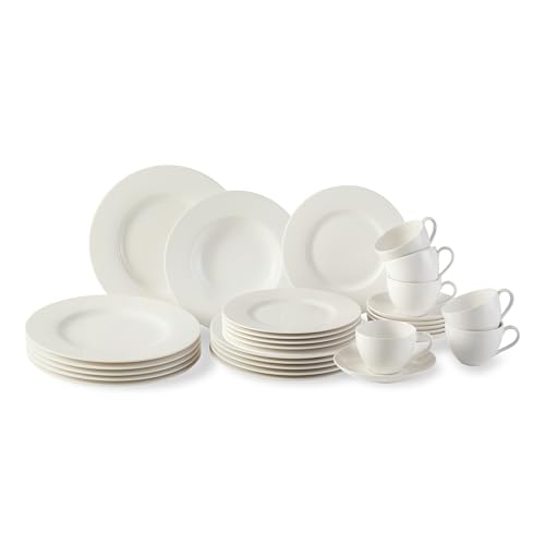 vivo - Villeroy & Boch Group - Basic White Kombiservice 30 Teilig, Spülmaschinenfest, Mikrowellensicher, Tafelservice Weiß, Geschirrset, Kaffeeservice, Keramik, Teller, Tassen, Premium Porzellan
