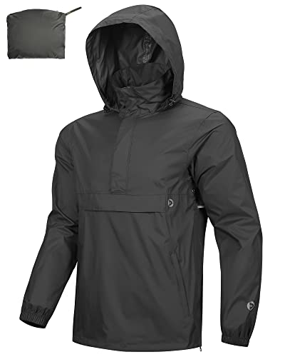 Outdoor Ventures Herren Regenjacke Wasserdichter Pullover mit Kapuze Packbare Reflektierende Jacke Leichte Fahrrad Windjacke Atmungsaktive Softshelljacke für Wandern Laufen Outdoor Schwarz XL