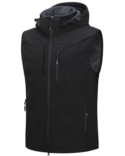 33,000ft Weste Herren Outdoor Wasserdichte Softshell Ärmellose Jacke Bodywarmer Fleece Weste mit Kapuze Full Zip Softshellweste Schwarz 3XL