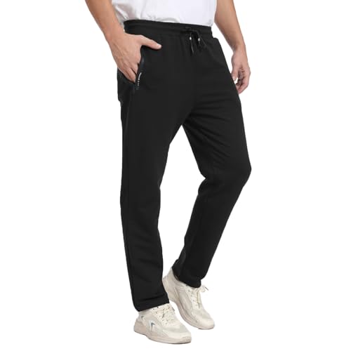 JustSun Jogginghose Herren Baumwolle Trainingshose Männer Sporthose Lang Herren Sweatpants Freizeithose Fitness Hosen Herren mit Reißverschlusstaschen Schwarz L