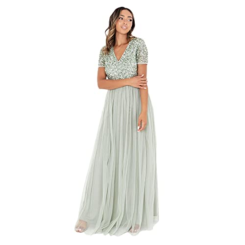 Maya Deluxe Damen Ballkleid Abendkleid V-Ausschnitt Maxi Länge Pailletten Kurze Ärmel für Hochzeit Geburtstag Brautjungfer Bridesmaid Dress, Green, 34