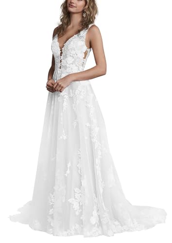 JAEDEN Brautkleider Hochzeitskleider Standesamt Damen Spitzen Lang Glitzer V-Ausschnitt Trauung Kleid Ärmellos Weiß 40