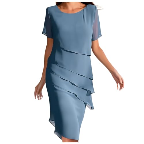 Figurschmeichelndes Blau Stufen Chiffonkleid Damen - Faltenkleid Midikleid Rundhals Kurzärm Abendkleider Sommer Freizeitkleid Patchwork Elegant a Linie Knielang Cocktailkleid Partykleid Mode