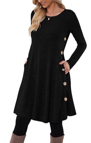 MOLERANI Pulloverkleid für Damen Langarmkleid Damen Knopf Lässiges Tunikakleid mit Taschen Schwarz XL