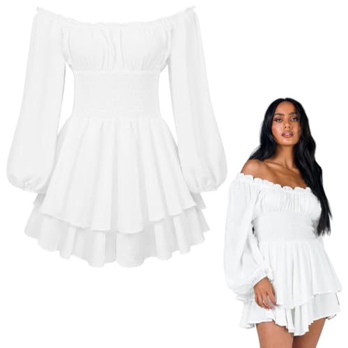 Gebauschtes Rüschenkleid, M-Größe Chiffon Schulterfrei Stufenkleid mit Integrierten Shorts, Langen Puffärmeln Stufenrock, Piraten Damen Kostüm Karneval, Trägerloses Sommerkleid Freizeitkleidung