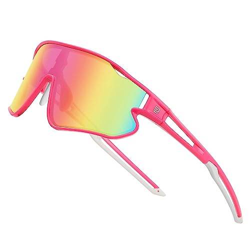 DUCO Kinder Sonnenbrille Jugend Baseball Sonnenbrille Leicht TR90 Rahmen UV400 Sport Radfahren Sonnenbrillen für Jungen Mädchen DK268 (Rosa Rahmen Weiß Bügel Farbig Gläser)