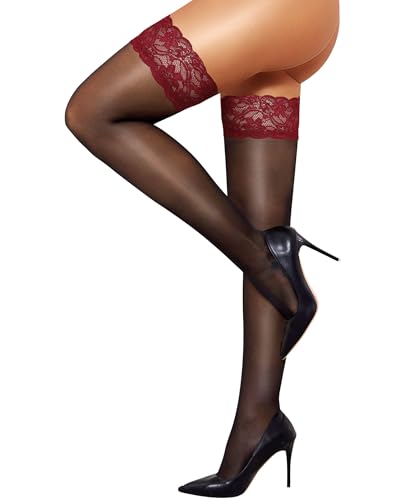 LUSLOVE Halterlose Strümpfe Damen Sexy - Spitzen Nylonstrümpfe mit Rutschfestem Silikon Schwarz Rot Einheitsgröße