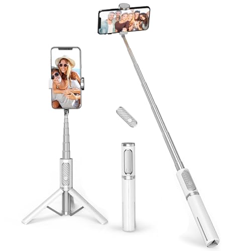 ATUMTEK Selfie Stick Stativ, 3-in-1 Ausziehbares Aluminium Handy Stativ mit kabelloser Bluetooth-Fernbedienung, Kompatibel mit iPhone 17/16/15/14/13/12 mini/11 Pro und Samsung Smartphones, Weiß