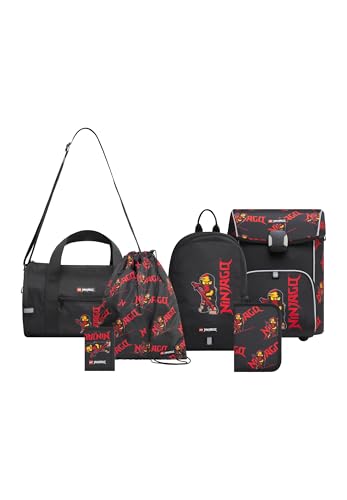 SKANDO BAGS Lego Ninjago Schulranzen Set Jungen & Mädchen ab 1. Klasse - 6-Teilig - Schulrucksack, Federmappe (Gefüllt), Turnbeutel, Kleinerer Rucksack, Geldbörse und Sporttasche, Rot
