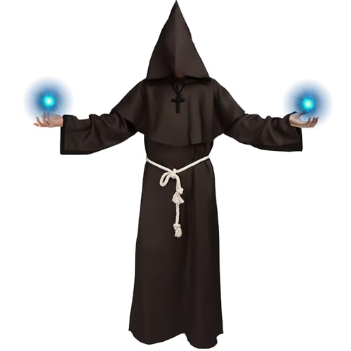Mönch Kostüm Herren Frauen, Halloween Priester Kostüm Herren, Mönchskutte Pfarrer kostüm mit Kreuz-Halskette und Taillenseil, Mönch Robe Pfarrer Kostümfür Halloween party, Mottoparty und Karneval