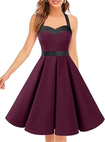 DRESSTELLS Cocktailkleid Damen Festlich Neckholder Sommerkleid Vintage Abendkleider Elegant Für Hochzeit Partykleid Knielang Tanzkleid Rockabilly Kleider Burgundy Black XL