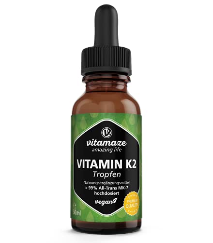 Vitamin K2 Tropfen hochdosiert & vegan 200 mcg Vitamin K2 flüssig pro Tagesdosis, 50 ml (1700 Tropfen), MK-7 Menaquinon (> 99% All-Trans-Form), ohne unnötige Zusatzstoffe, Made in Germany