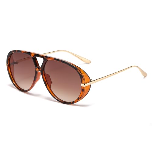 LJCZKA Übergroße Pilot Sonnenbrille für Damen Herren 70er Retro Piloten Sonnenbrille Doppel Brücke Metall Rahmen Runde Groß Brille Mode mit UV Schutz (Leopard Farbverlauf Braun)