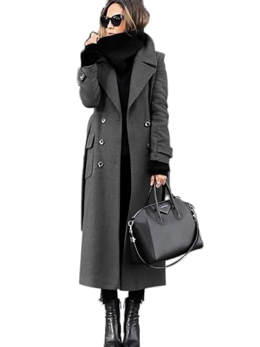 Lawawa Wollmantel Damen Lang Winterjacke Klassischem Wintercoat Revers Trenchcoat Zweireiher Elegant Jacke Herbst Winter Outwear