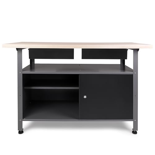 Ondis24 Werkbank Fritz - Höhenverstellbare Füße, 2 Schubladen, Metall Anthrazit, 120x60x85(H) cm, 25mm Dicke Melamin-Arbeitsplatte, Abschließbare Tür, Belastbar Bis 250kg (Melamin, 120cm)
