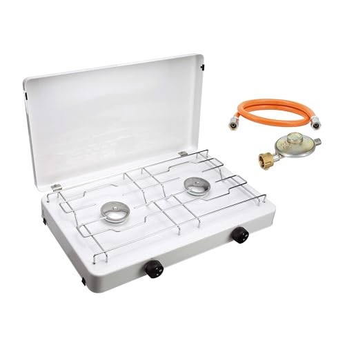 CFH Zweiflammkocher Capri ZK 421 – Camping Gaskocher 2-flammig mit 50 mbar Gasdruckregler & 80 cm Gasschlauch, 3,8 kW Leistung, 277 g/h Verbrauch, abnehmbarer Deckel & verchromter Rost, Made in Europe