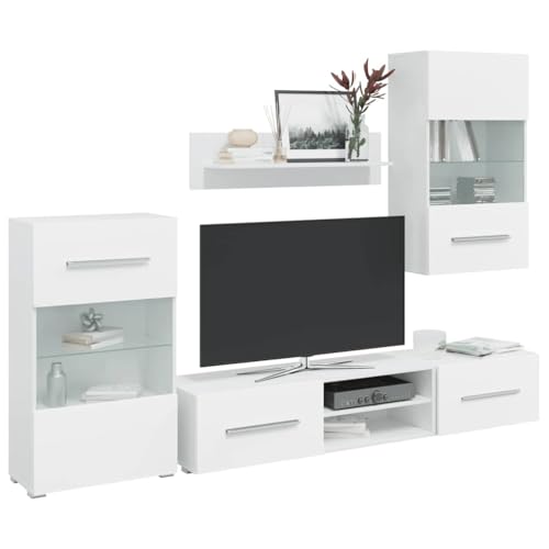 Emmtore 5-TLG. Wohnwand mit LED-Beleuchtung Mattschwarz Holzwerkstoff, TV-Möbel, Medienwand, Medienschrank, Anbauwand, Entertainment-Möbel Mattweiß