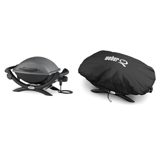 Weber Q1400 Elektrogrill, 43 x 32 cm, Dunkelgrau (52020079) & 7117 Premium Grillabdeckung für Q100/1000 Serie, schwarz, 27.9x25.4x23.6 cm