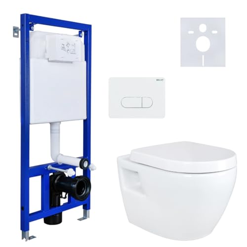 Aloni Hänge-WC Komplettset, ohne Bidet, wandhängend, glatte Sanitärkeramik, Vorwandelement 3/6 L, Tanktiefe 80 mm, Softclose Duroplast, Betätigungsplatte, leise Technik, zuverlässige Montage, Weiß