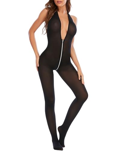 ROSVAJFY Damen Sexy Bodystocking Catsuit Reißverschluss Transparentem Netz Body Neckholder Tiefem V-Ausschnitt Bodysuit Strumpfhose Unterwäsche Frauen Spitzen Dessous Einteiliger Jumpsuit Nachtwäsche