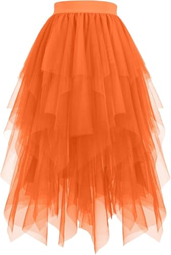 Tüllrock Damen Lang Große Puffy Fee Tütü Rock Tüll Röcke Unregelmäßiger A-Linie Mit Elastische Hohe Taille Tüllrock 0range Faschingskostüme Damen Karneval Party Fancy Dress(XL)