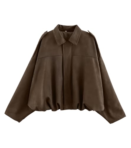 Bnigung Damen-Jacke aus Wildlederimitat im Bomberjackenstil, lässiges Revers, übergroße Motorradjacke, Braun, X-Klein