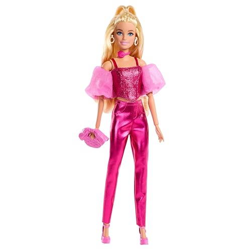 Barbie Deluxe Style-Puppe #5 in rosafarbenem Metallic-Outfit, blond, mit glitzerndem Korsett-Top und glänzender Hose mit Accessoires wie Einer rosafarbenen Kette und Einer Handtasche, JFP40