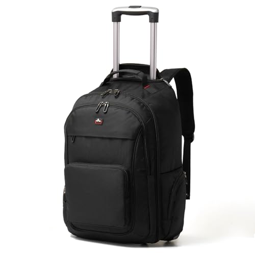 WIRABO Rucksack mit Rollen, 17.3 Zoll Laptop Trolley 40L Reisetasche mit Rollen Groß Schultrolley Handgepäck für Herren Business, Arbeit, College, Schwarz