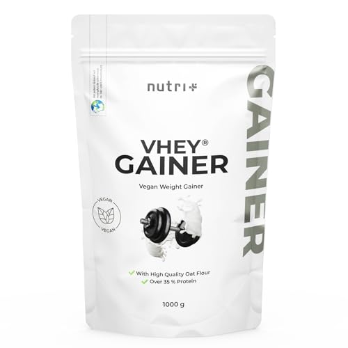 Nutri + Weight Gainer Vegan 1 kg Chocolate Brownie - Vhey Gainer Mass ohne Zucker, Creatin und Maltodextrin - laktosefrei + hochkalorisch 1000 g Schokolade