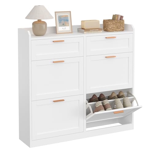 KIMENICH Schuhschrank mit 4 Klappen, Schuhkipper Schmal, Schuhschrank mit 2 Schubladen, Trennwand Verstellbar, für 16-24 Paar Schuhe, Flur, Portale, 24 x 100 x 103 cm, Weiß