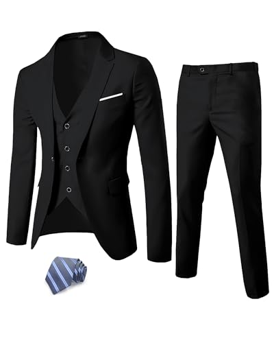 YND Herren Slim Fit 3-teiliger Anzug, EIN-Knopf-Jacke, Weste, Hosen-Set mit Krawatte, Schwarz, L