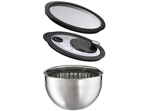 RÖSLE Salatschleuder, Hochwertige Schleuder inklusive Glasdeckel mit Kurbelantrieb 4:1 Übersetzung und RÖSLE Frischhaltedeckel, Edelstahl 18/10, 24 cm Durchmesser