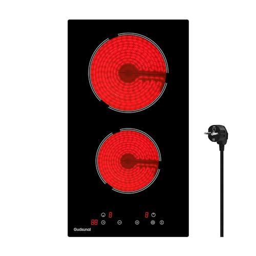 Gudsunal Kochfeld 2 Platten Glaskeramikkochfeld mit Stecker, 3000W, 9 Heizstufen, 1-99 Minuten Timer, Touch-Steuerung, Automatische Abschaltung, Kindersicherung,mattes Schwarz